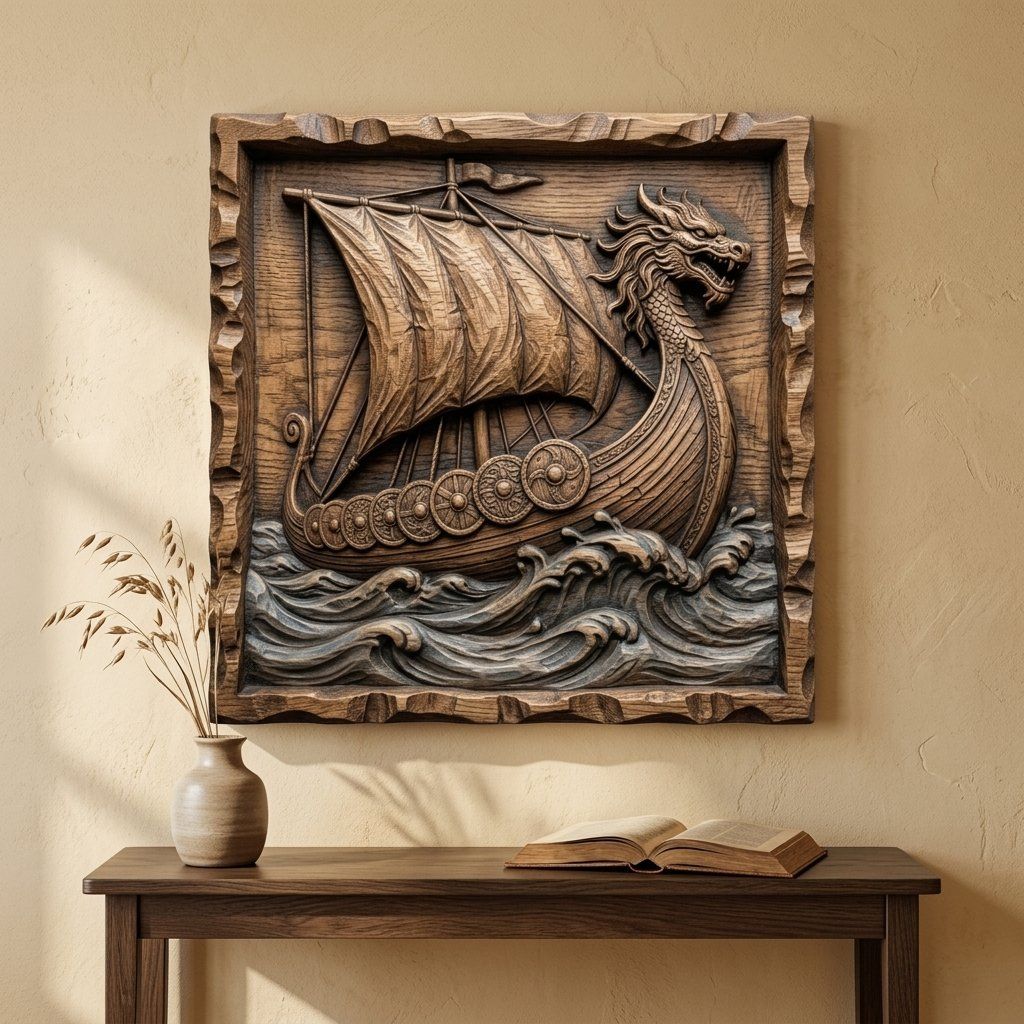 Viking Longship Wall Art bas-relief STL — view 6