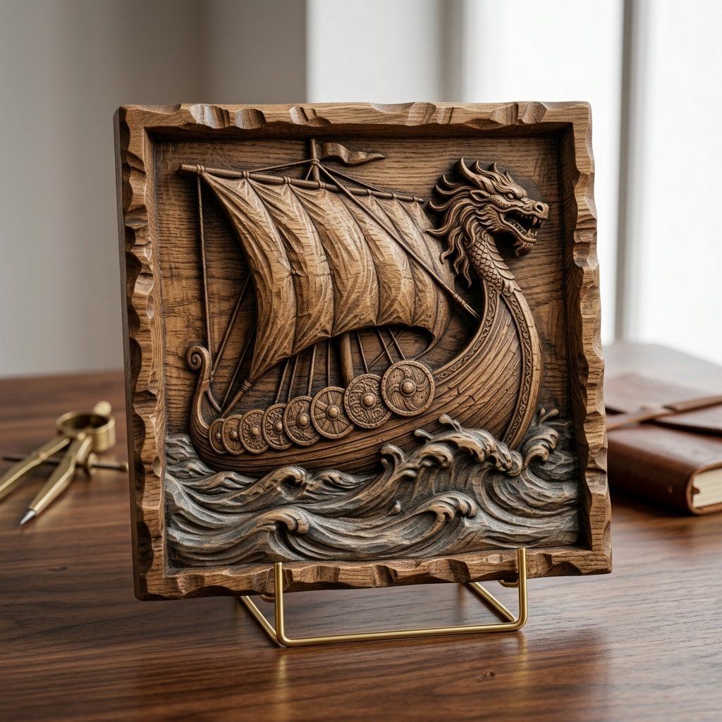 Viking Longship Wall Art bas-relief STL — view 7