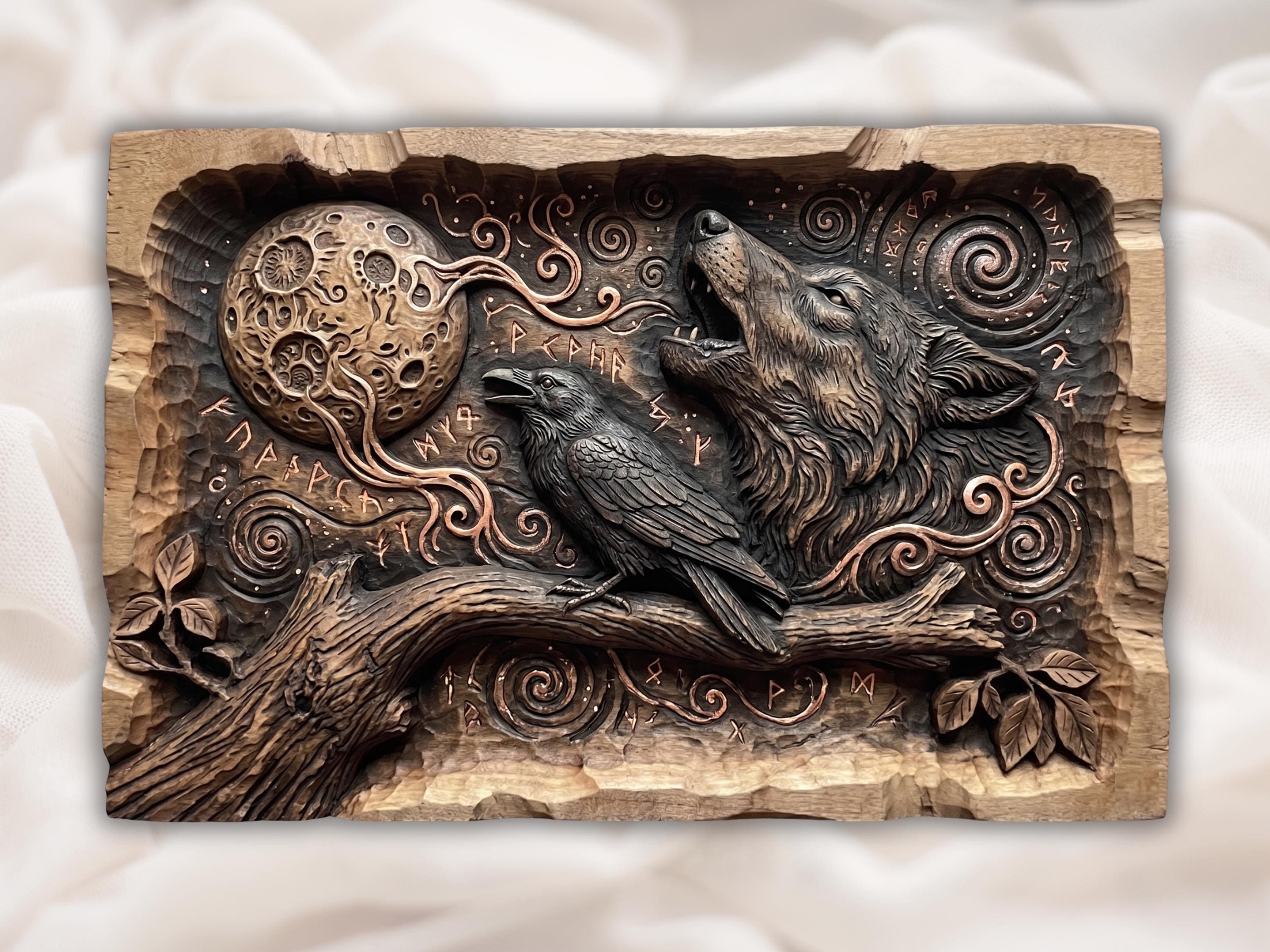 Carved wood relief of a howling wolf and a raven on a branch surrounded by Norse runes and Celtic swirls