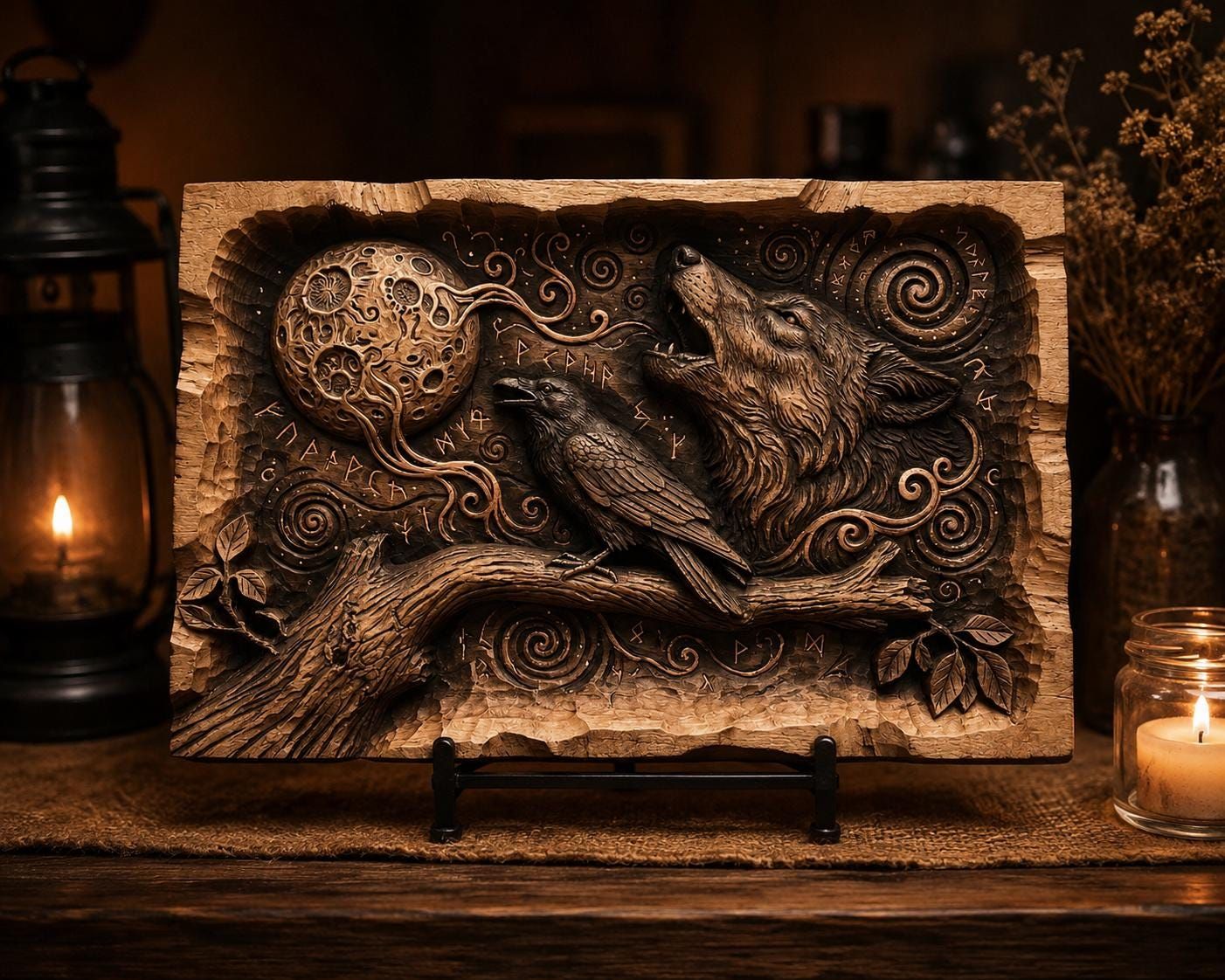 Howling Wolf and Raven Norse Rune Bas-Relief STL Panel bas-relief STL — view 2