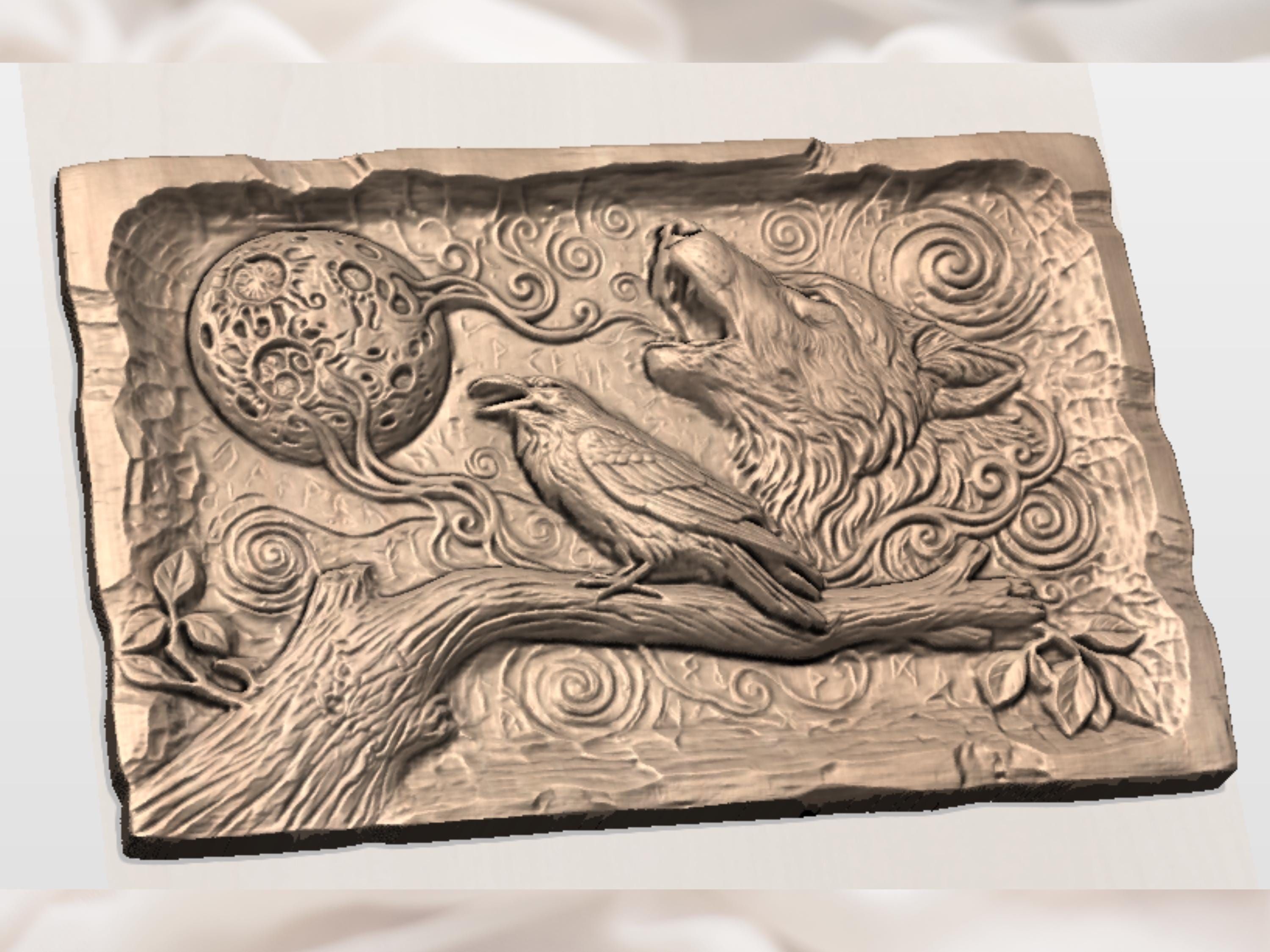 Howling Wolf and Raven Norse Rune Bas-Relief STL Panel bas-relief STL — view 3