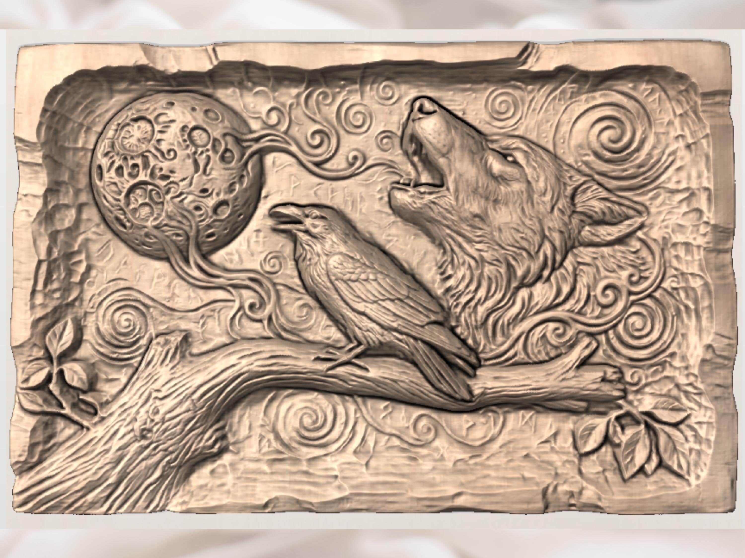 Howling Wolf and Raven Norse Rune Bas-Relief STL Panel bas-relief STL — view 4