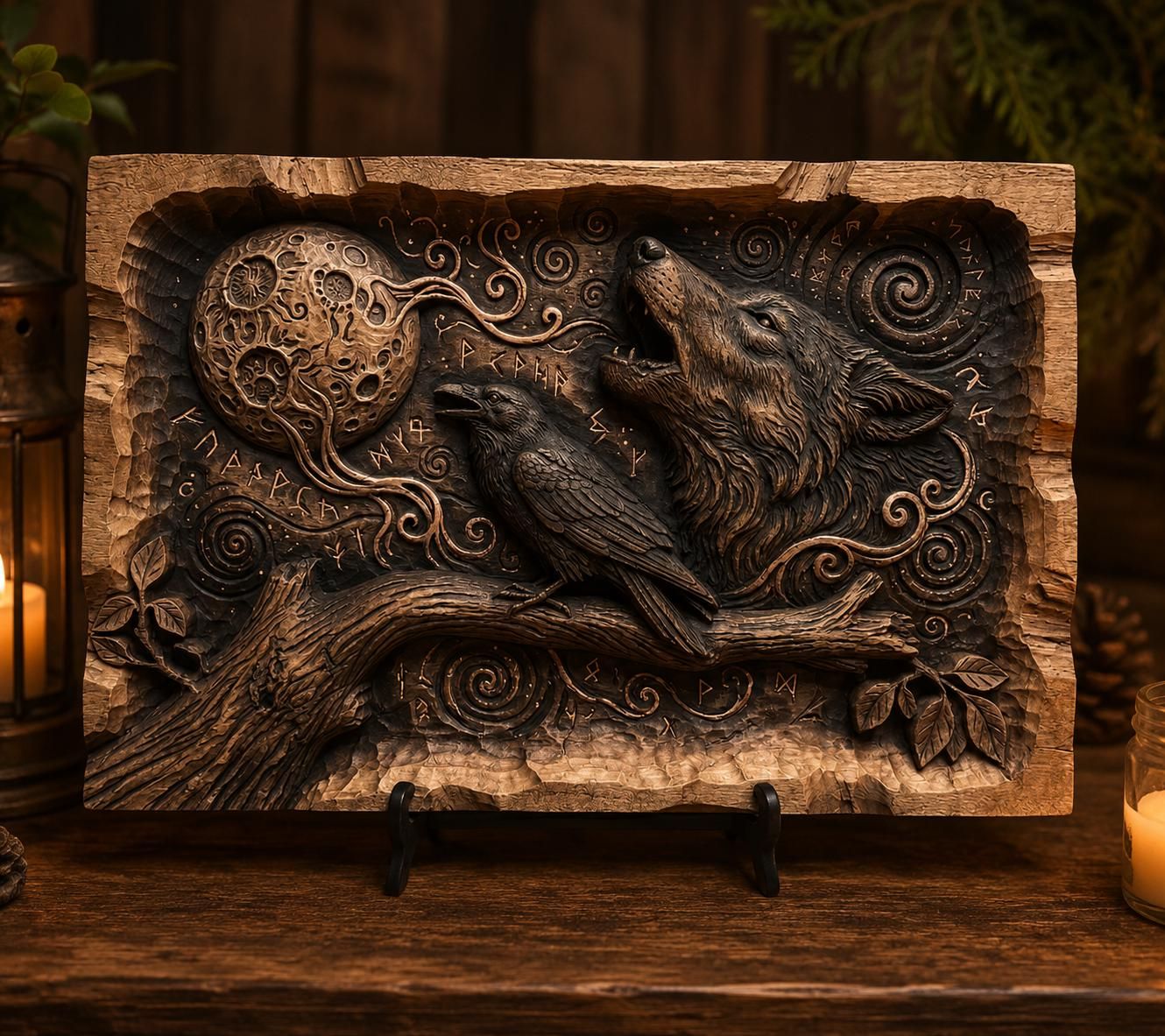 Howling Wolf and Raven Norse Rune Bas-Relief STL Panel bas-relief STL — view 5