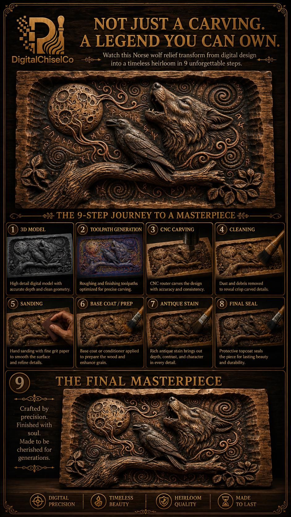 Howling Wolf and Raven Norse Rune Bas-Relief STL Panel bas-relief STL — view 6
