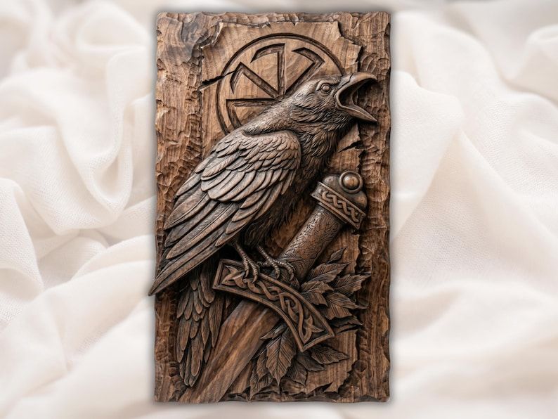 Carved wood relief of a Norse raven perched on a runed sword with a sunwheel emblem and torn border