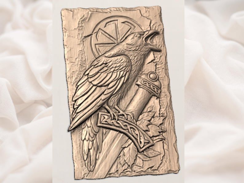 Norse Raven on Sword Relief with Sunwheel Emblem STL bas-relief STL — view 2