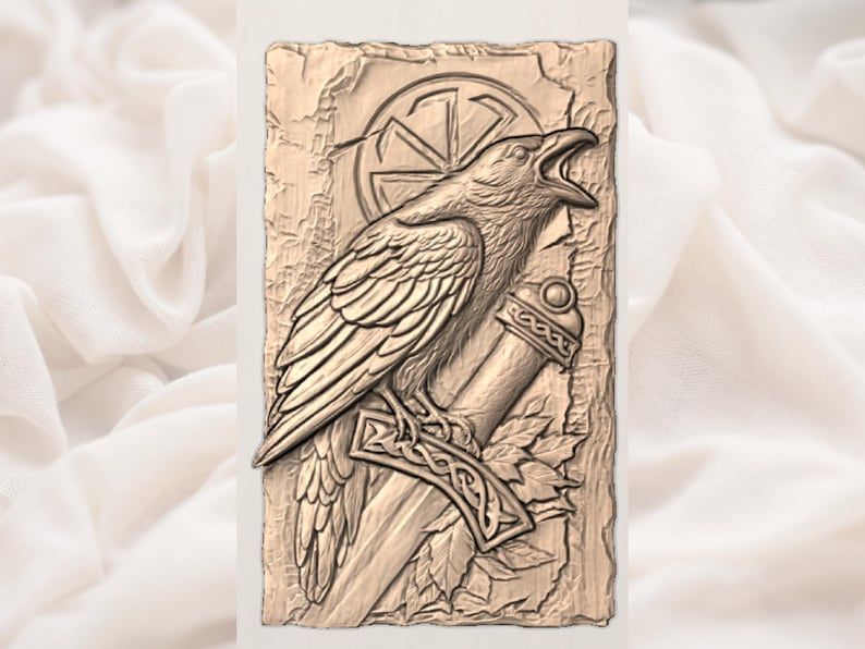 Norse Raven on Sword Relief with Sunwheel Emblem STL bas-relief STL — view 3