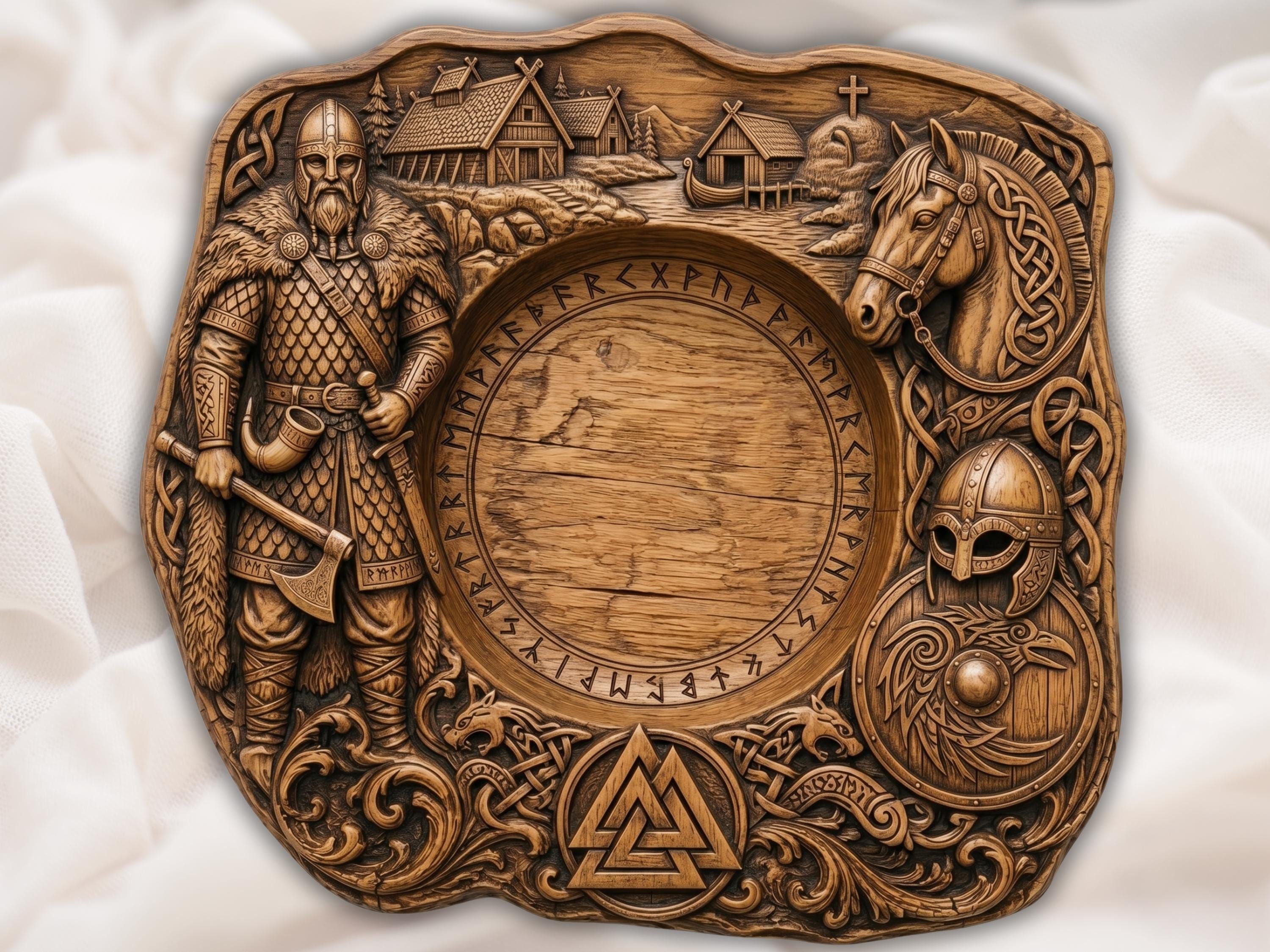 Carved wooden Viking platter with longhouse village, longship, rune ring, and Valknut symbol around a recessed bowl.