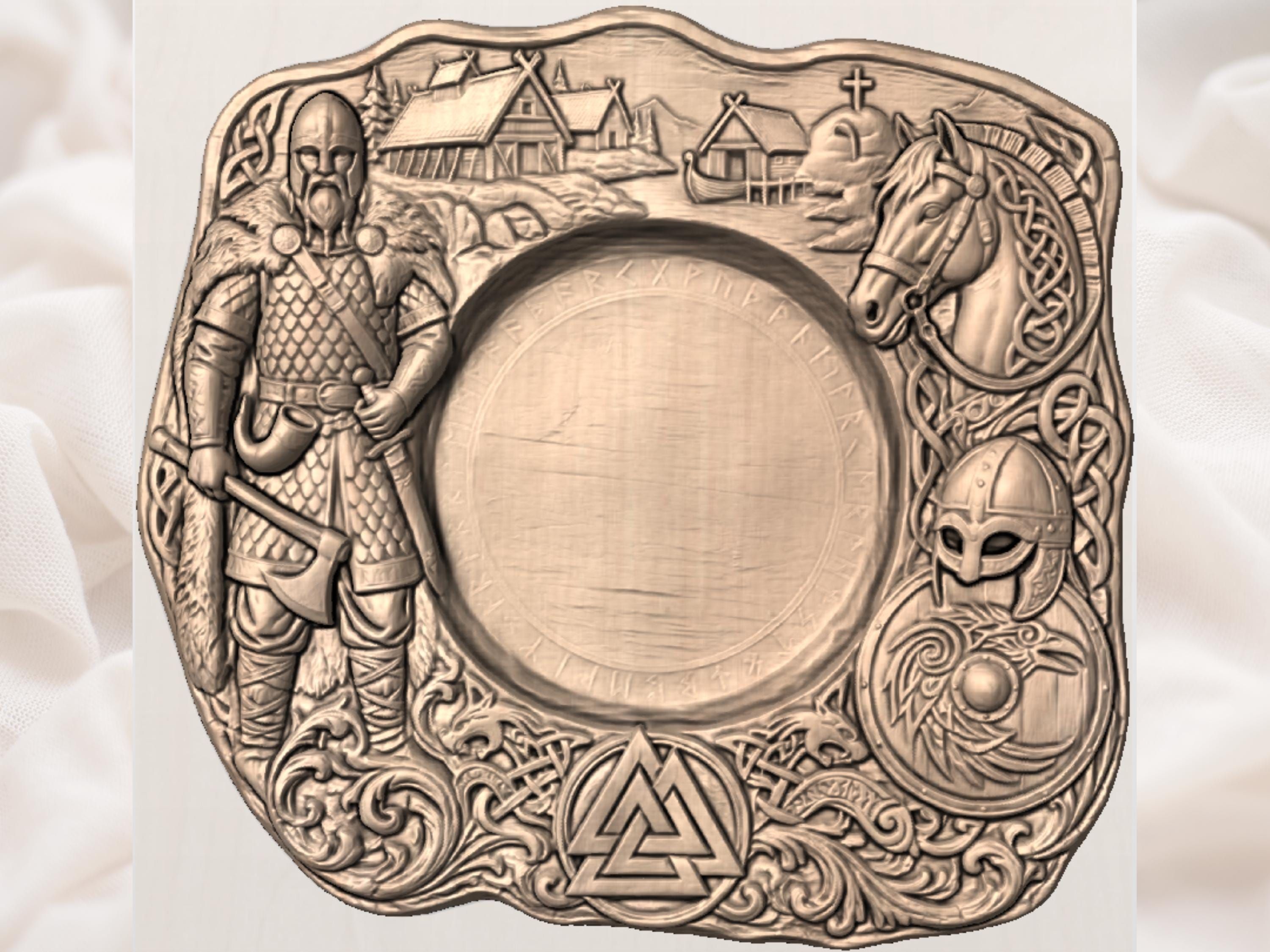 Viking Village Serving Platter with Runes and Valknut Relief bas-relief STL — view 2
