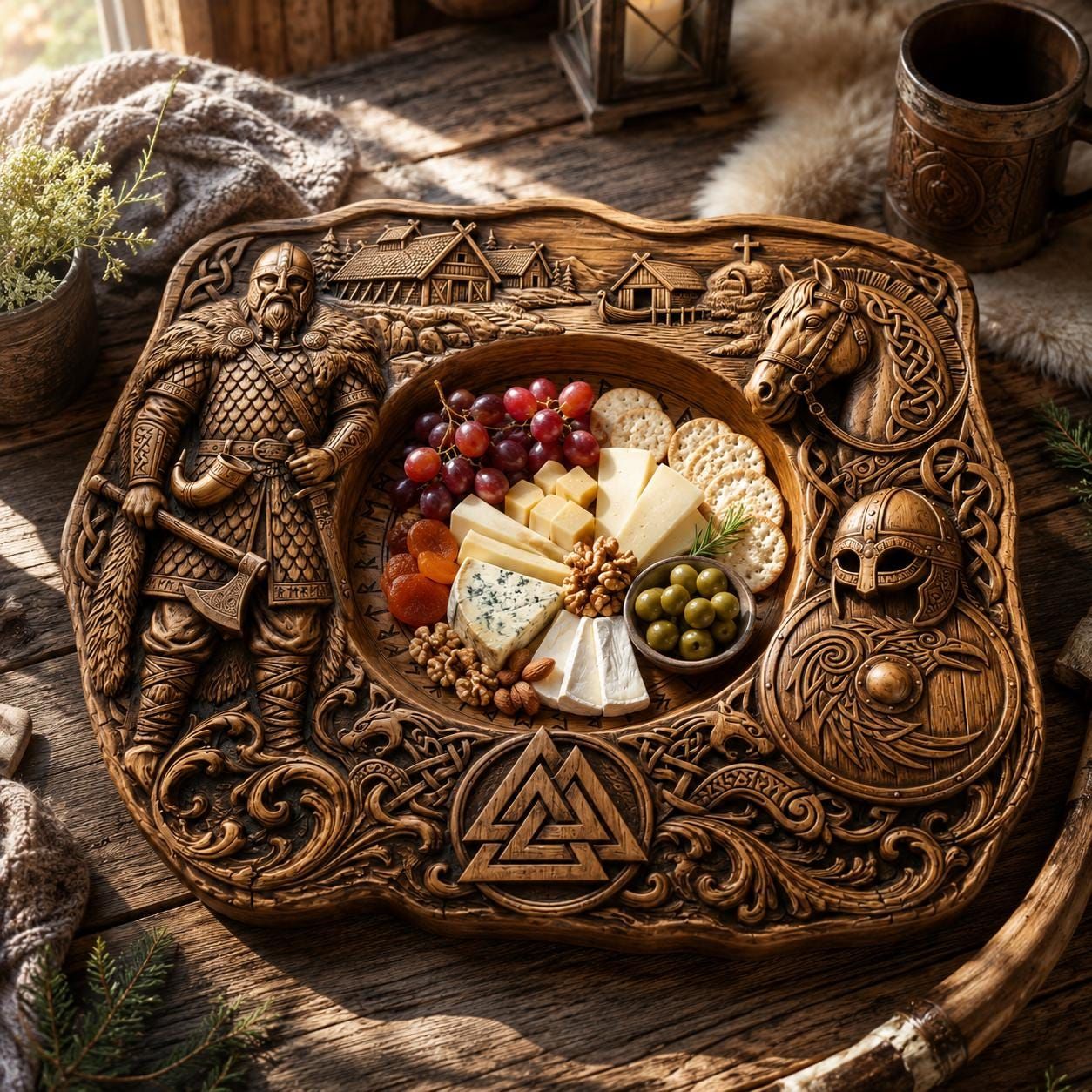 Viking Village Serving Platter with Runes and Valknut Relief bas-relief STL — view 3
