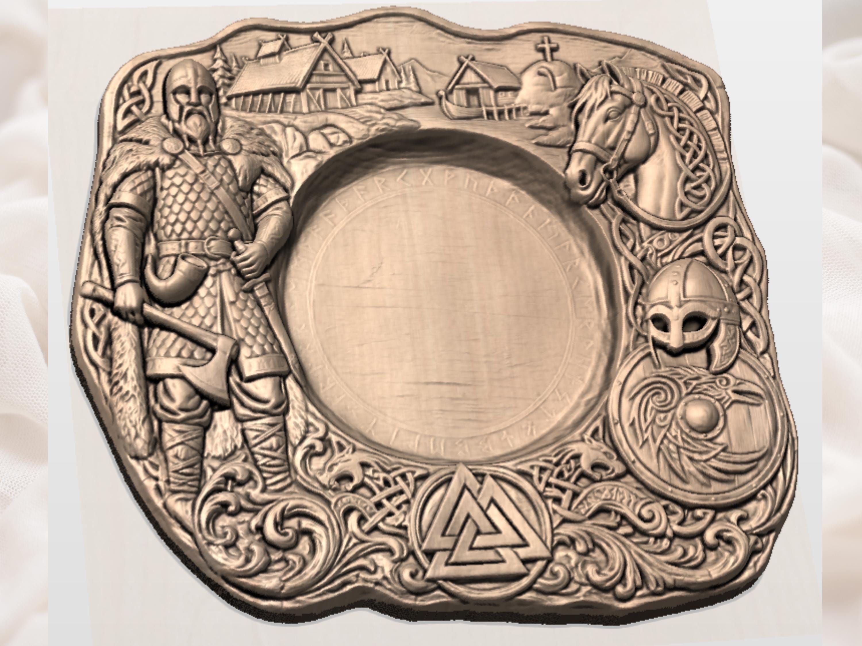 Viking Village Serving Platter with Runes and Valknut Relief bas-relief STL — view 4