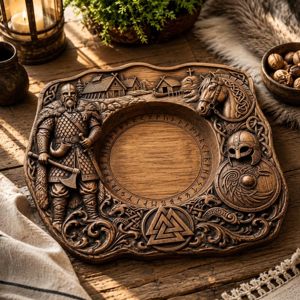 Viking Village Serving Platter with Runes and Valknut Relief bas-relief STL — view 5
