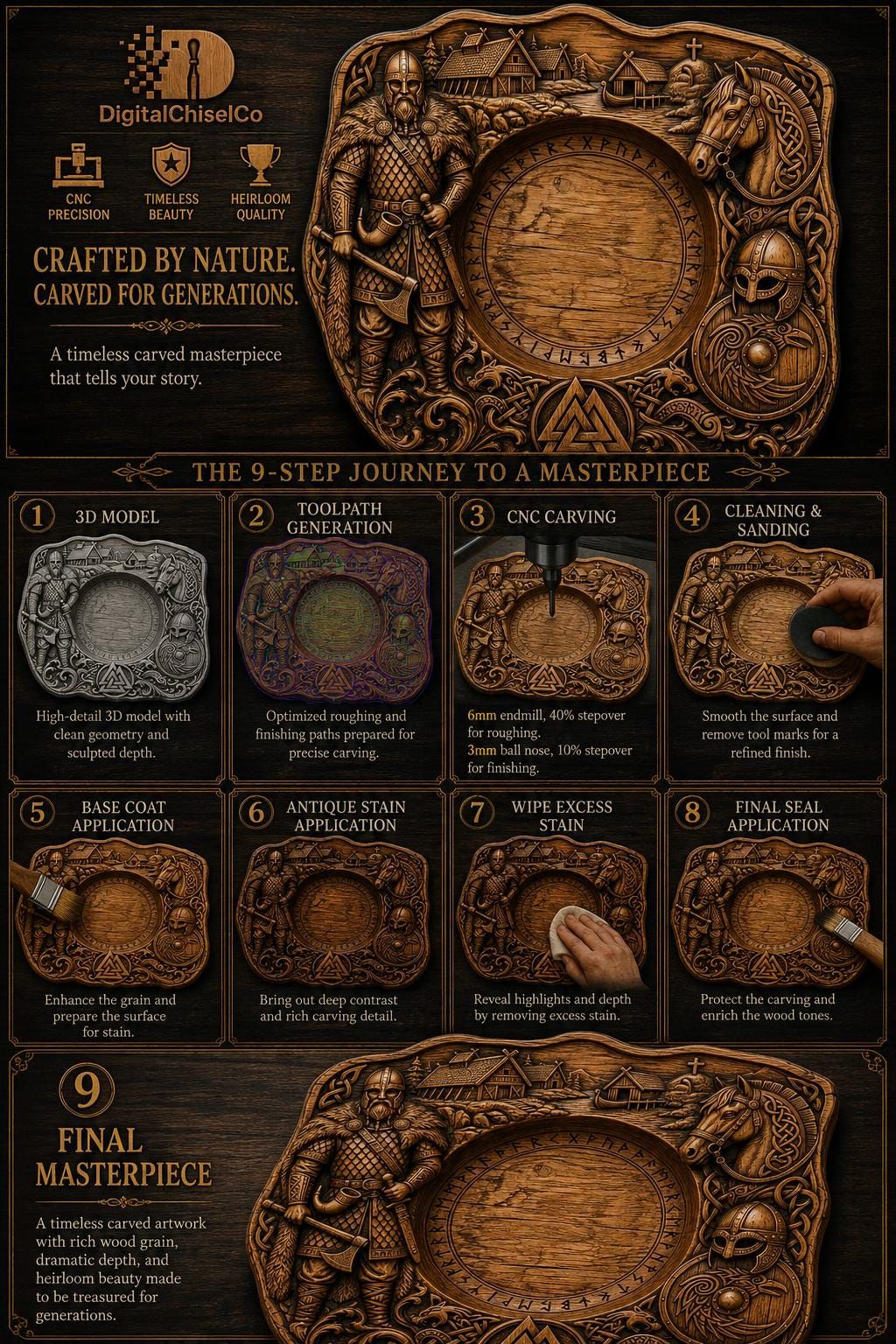 Viking Village Serving Platter with Runes and Valknut Relief bas-relief STL — view 6