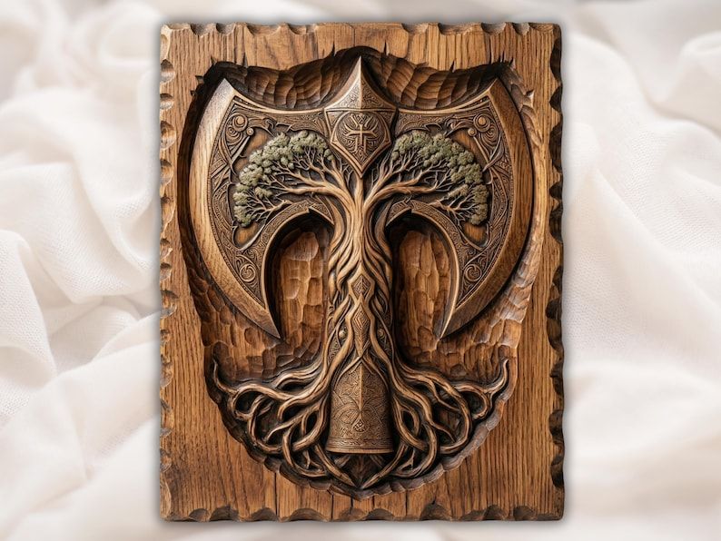Bas-relief carving of a Viking battle axe with a Tree of Life trunk, spreading canopy, and knotted roots.