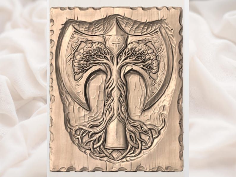 Viking Tree of Life Battle Axe Relief STL for CNC Carving bas-relief STL — view 3