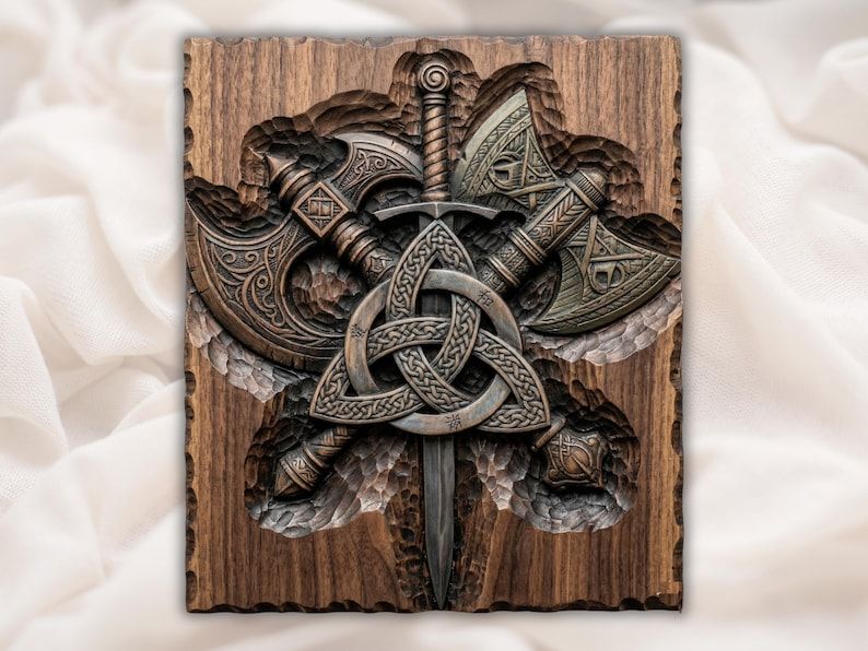 Bas-relief carving of a Viking sword through a Celtic triquetra knot with two engraved crossed battle axes