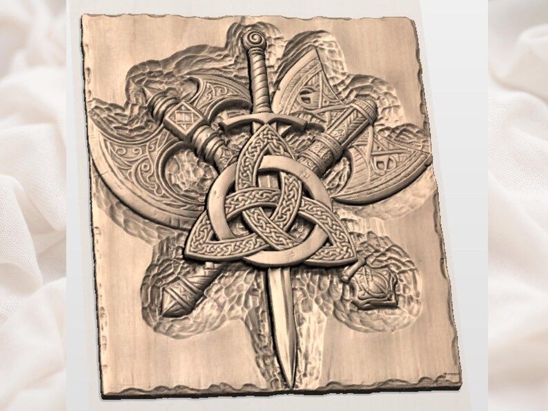 Viking Triquetra Sword and Crossed Axes Bas-Relief STL bas-relief STL — view 2
