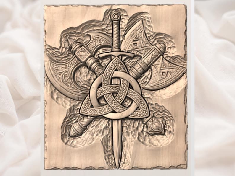 Viking Triquetra Sword and Crossed Axes Bas-Relief STL bas-relief STL — view 3