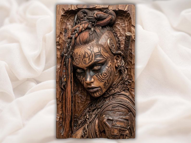 Carved wood bas-relief of a tattooed warrior woman with braided hair, war paint, and armor