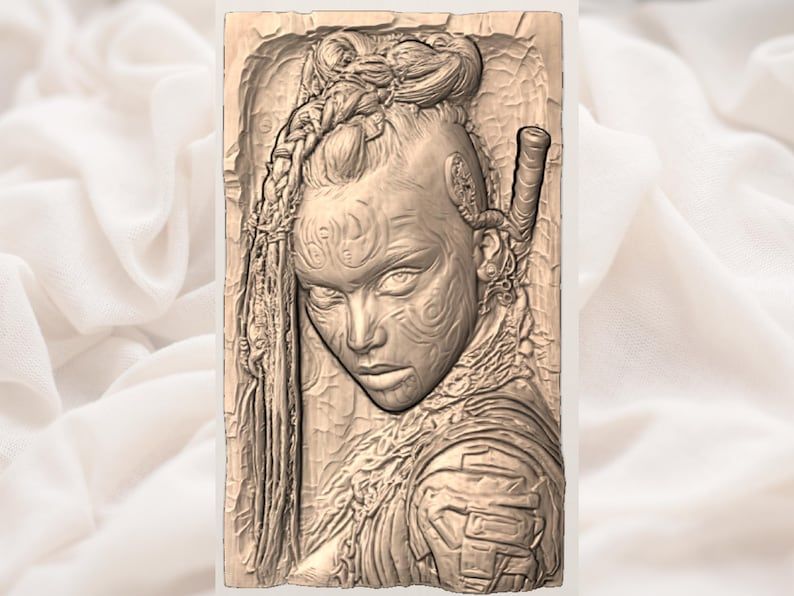 Tattooed Warrior Woman Bas-Relief STL for CNC and 3D Printing bas-relief STL — view 2