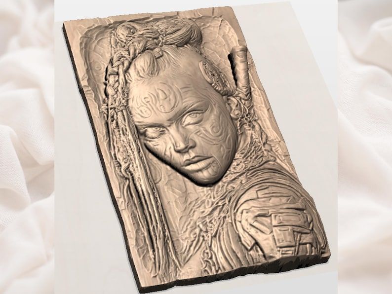 Tattooed Warrior Woman Bas-Relief STL for CNC and 3D Printing bas-relief STL — view 3