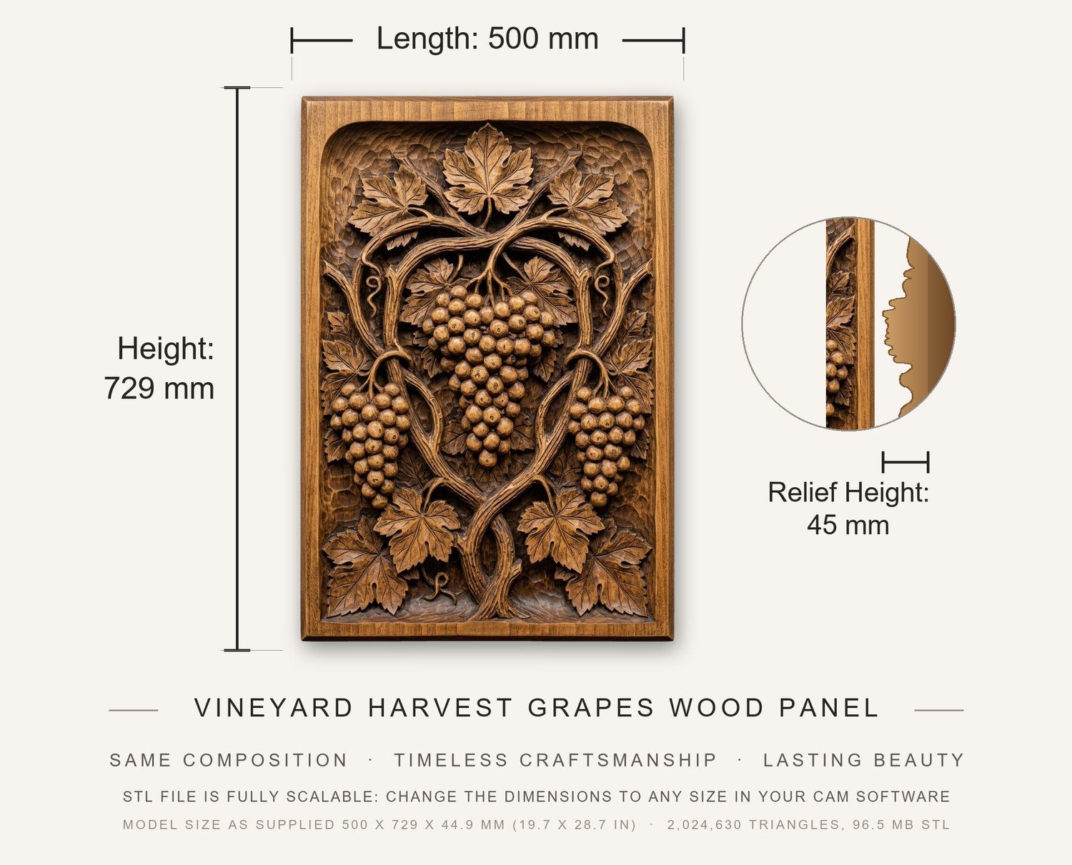 Vineyard Harvest Grapes Wood Panel CNC Relief STL bas-relief STL — view 12