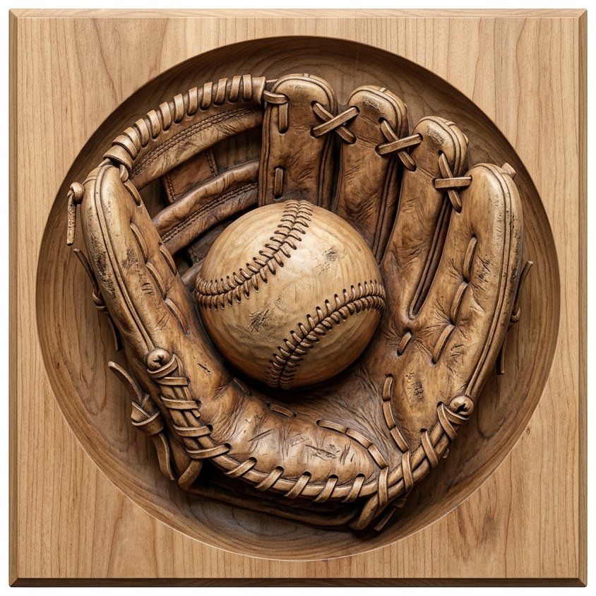 Vintage Baseball Glove and Ball Sports Woodworking CNC Relief STL | Sports Man Cave Wall Decor | Baseball Mitt Art Design — carved bas relief STL file for CNC