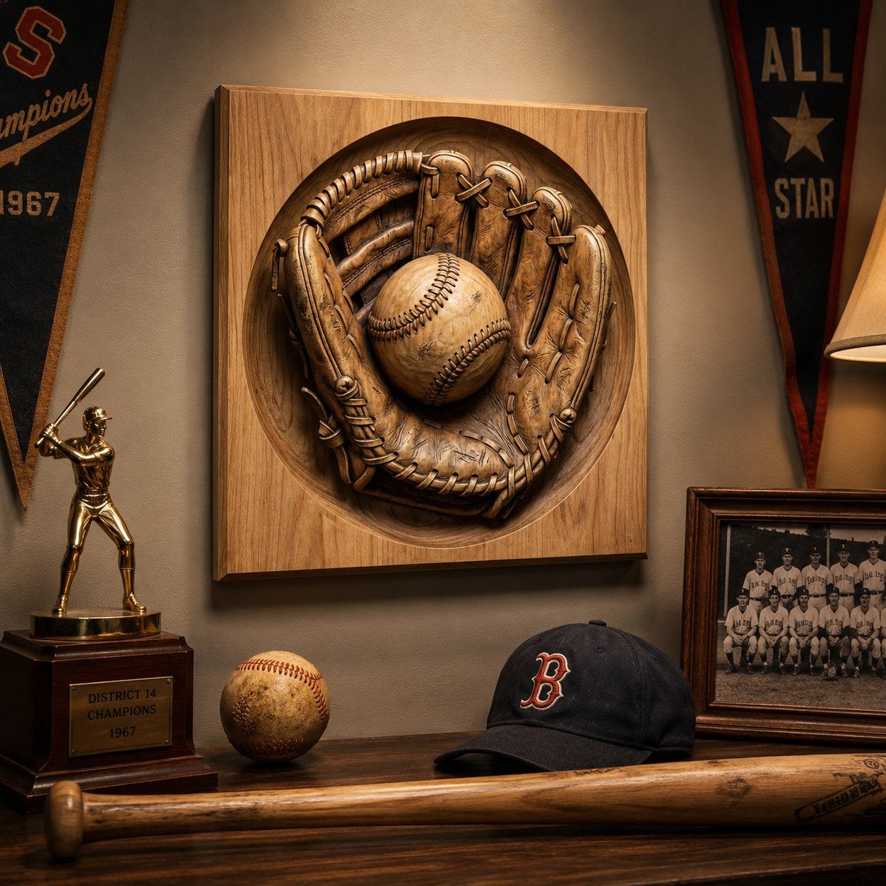 Vintage Baseball Glove and Ball Sports Woodworking CNC Relief STL bas-relief STL — view 6