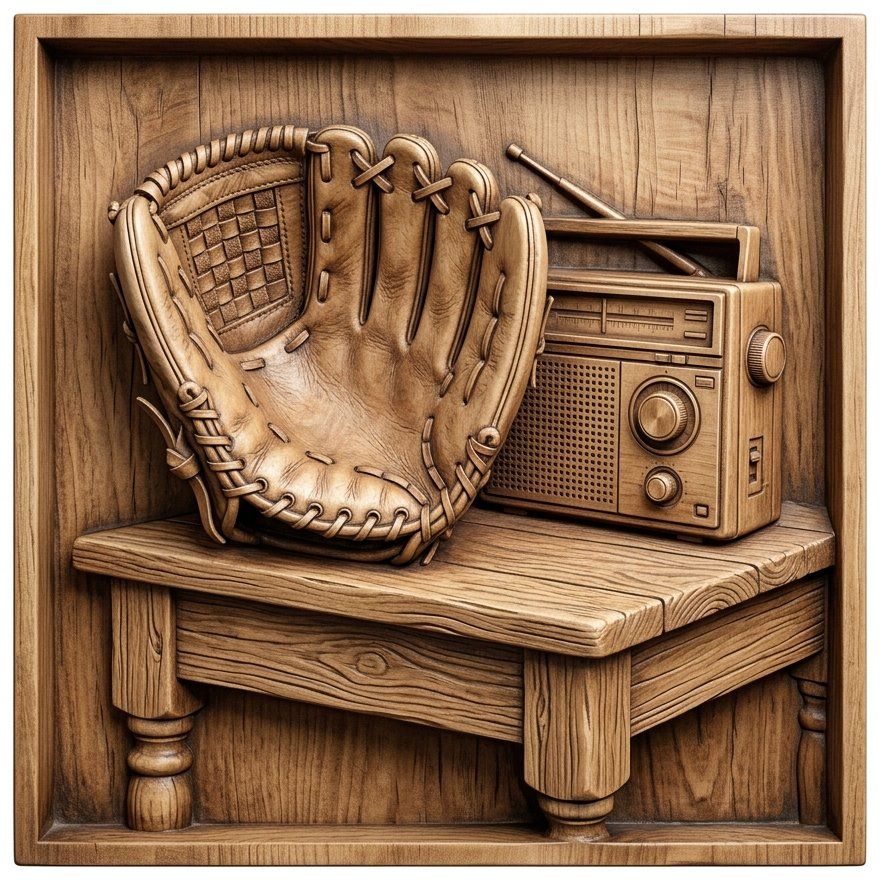 Vintage Baseball Glove and Radio Nostalgia CNC Relief STL | Rustic Sport Wall Art Panel | Americana Wood Decor — carved bas relief STL file for CNC