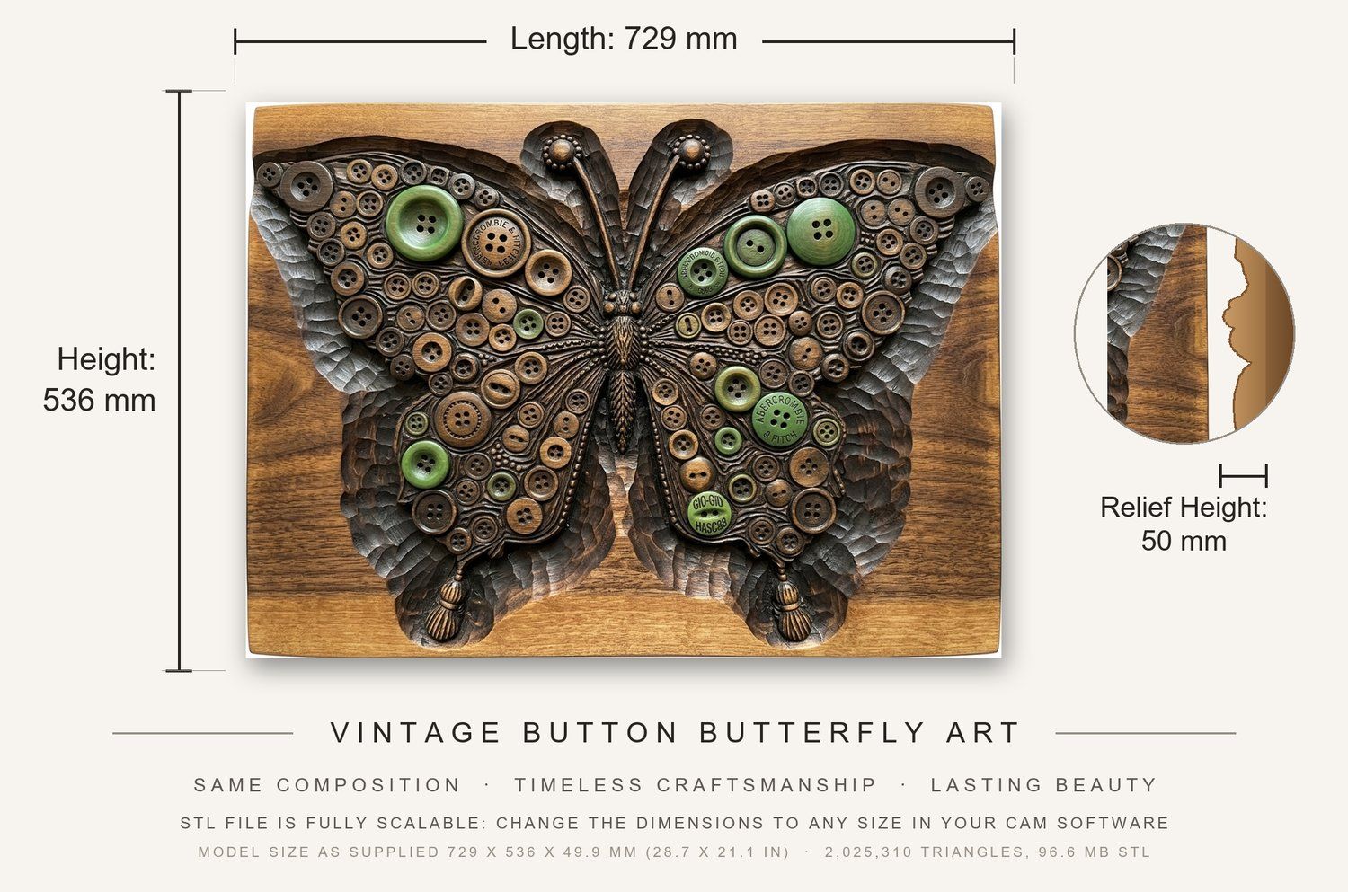Vintage Button Butterfly Art CNC Relief STL bas-relief STL — view 3