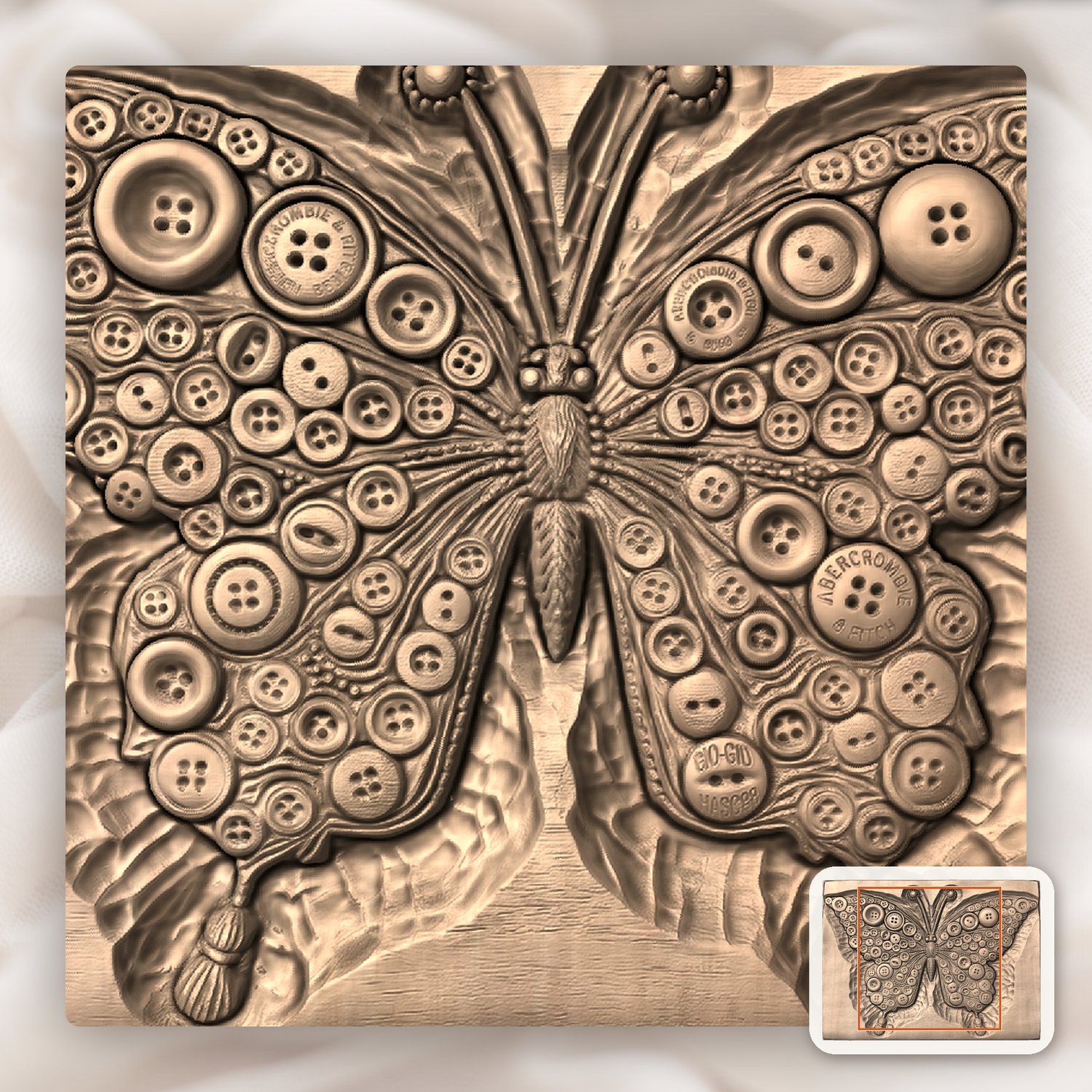 Vintage Button Butterfly Art CNC Relief STL bas-relief STL — view 6