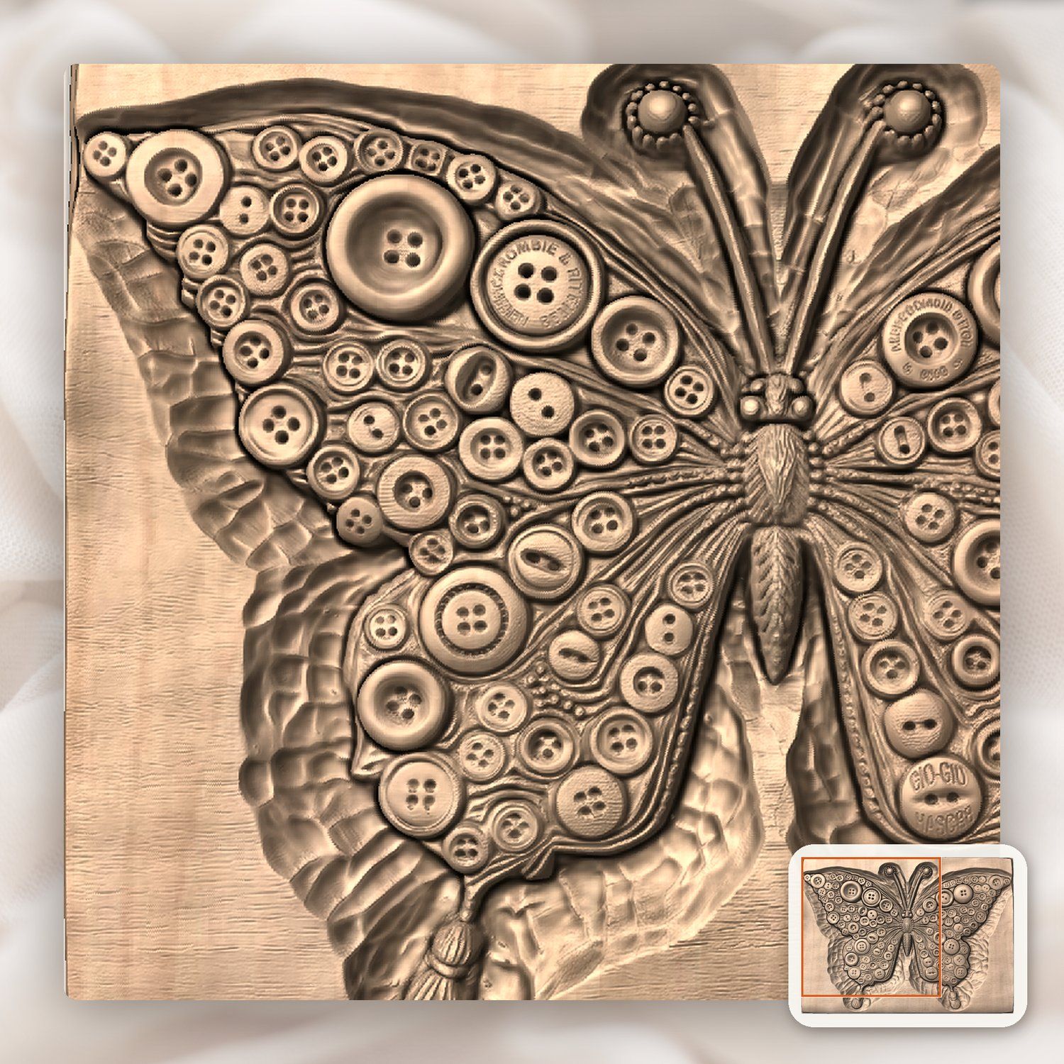 Vintage Button Butterfly Art CNC Relief STL bas-relief STL — view 7