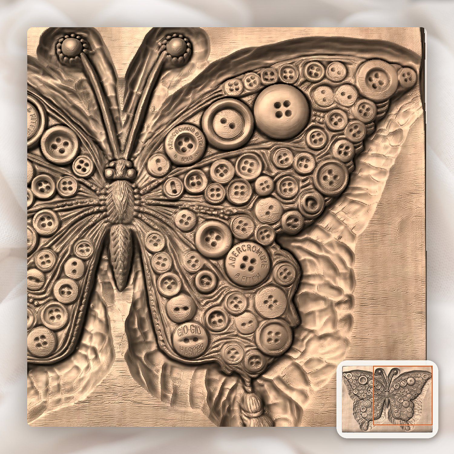 Vintage Button Butterfly Art CNC Relief STL bas-relief STL — view 8