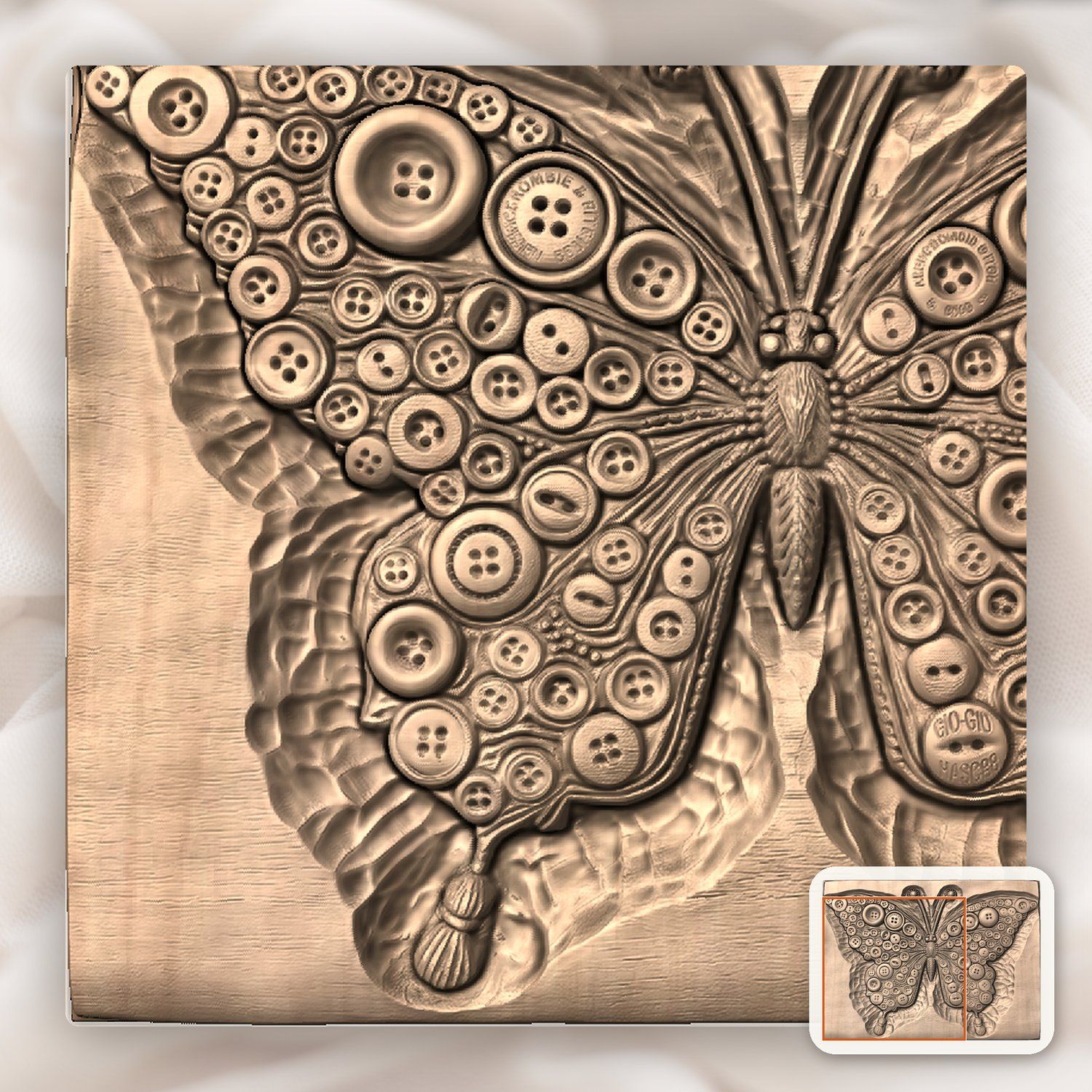 Vintage Button Butterfly Art CNC Relief STL bas-relief STL — view 9