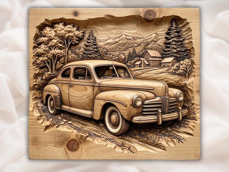 Carved wood bas-relief of a 1940s classic sedan on a country road with pine trees, a barn, and mountains.