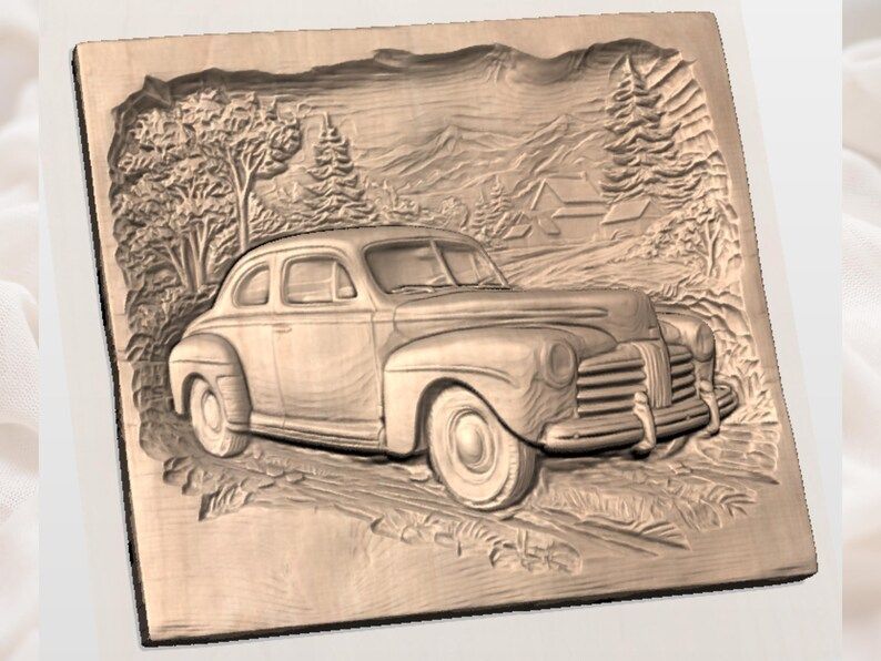 1940s Classic Sedan on a Country Road Bas-Relief STL bas-relief STL — view 2