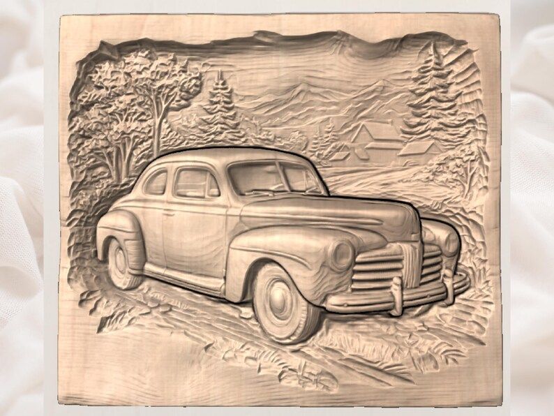 1940s Classic Sedan on a Country Road Bas-Relief STL bas-relief STL — view 3