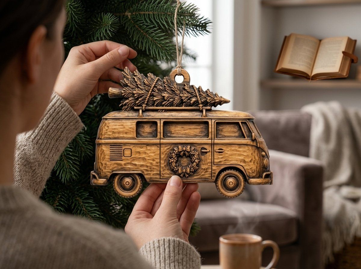 Vintage Christmas Camper Van Ornament CNC Relief STL | Holiday Bus Wood Carving Design | Festive Tree Topper Decor — carved bas relief STL file for CNC