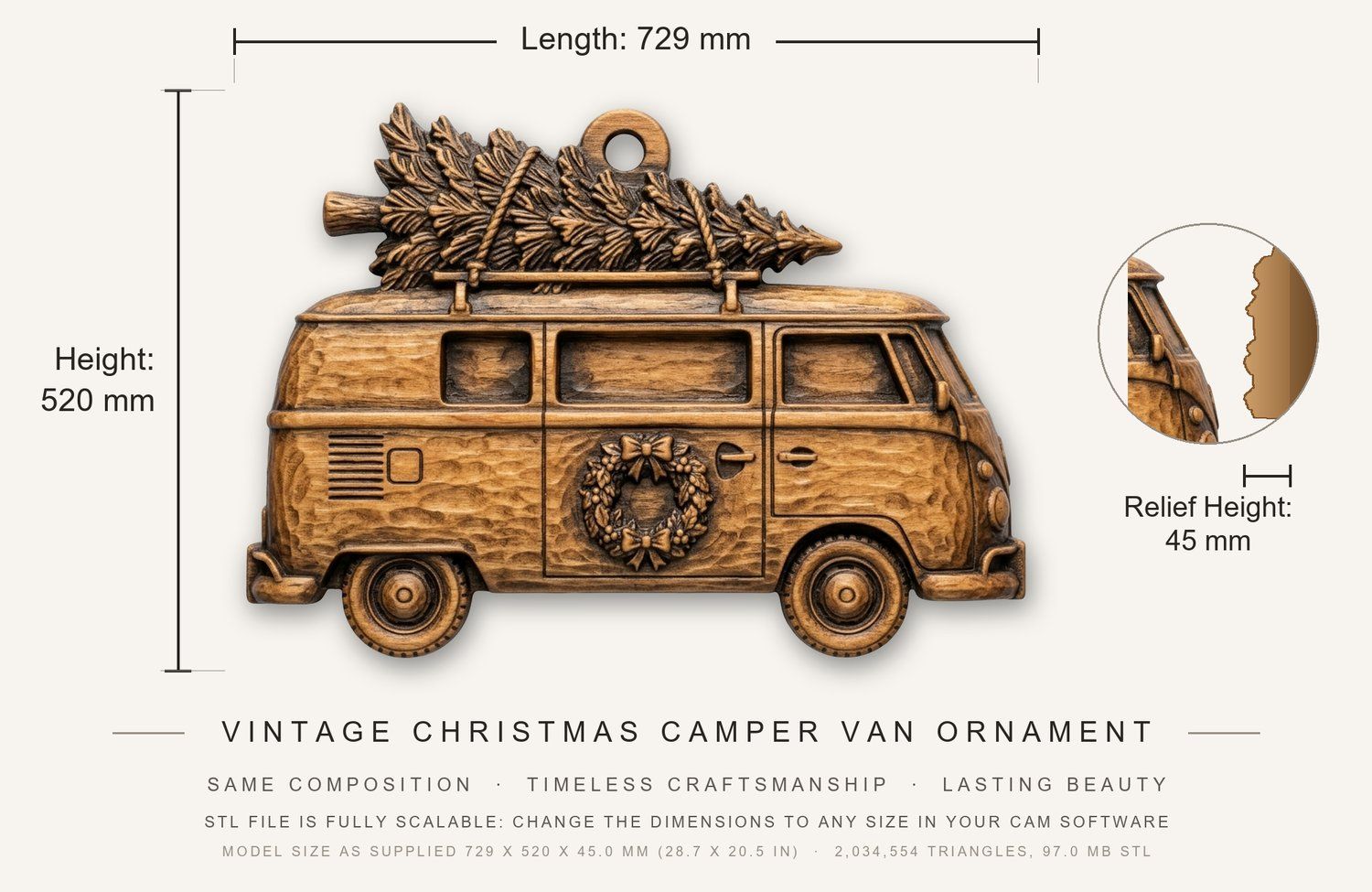 Vintage Christmas Camper Van Ornament CNC Relief STL bas-relief STL — view 3