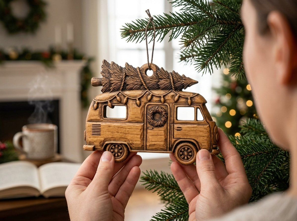 Vintage Christmas Camper Van Ornament CNC Relief STL | Holiday RV Wood Carving Design | Festive Camper Decor — carved bas relief STL file for CNC
