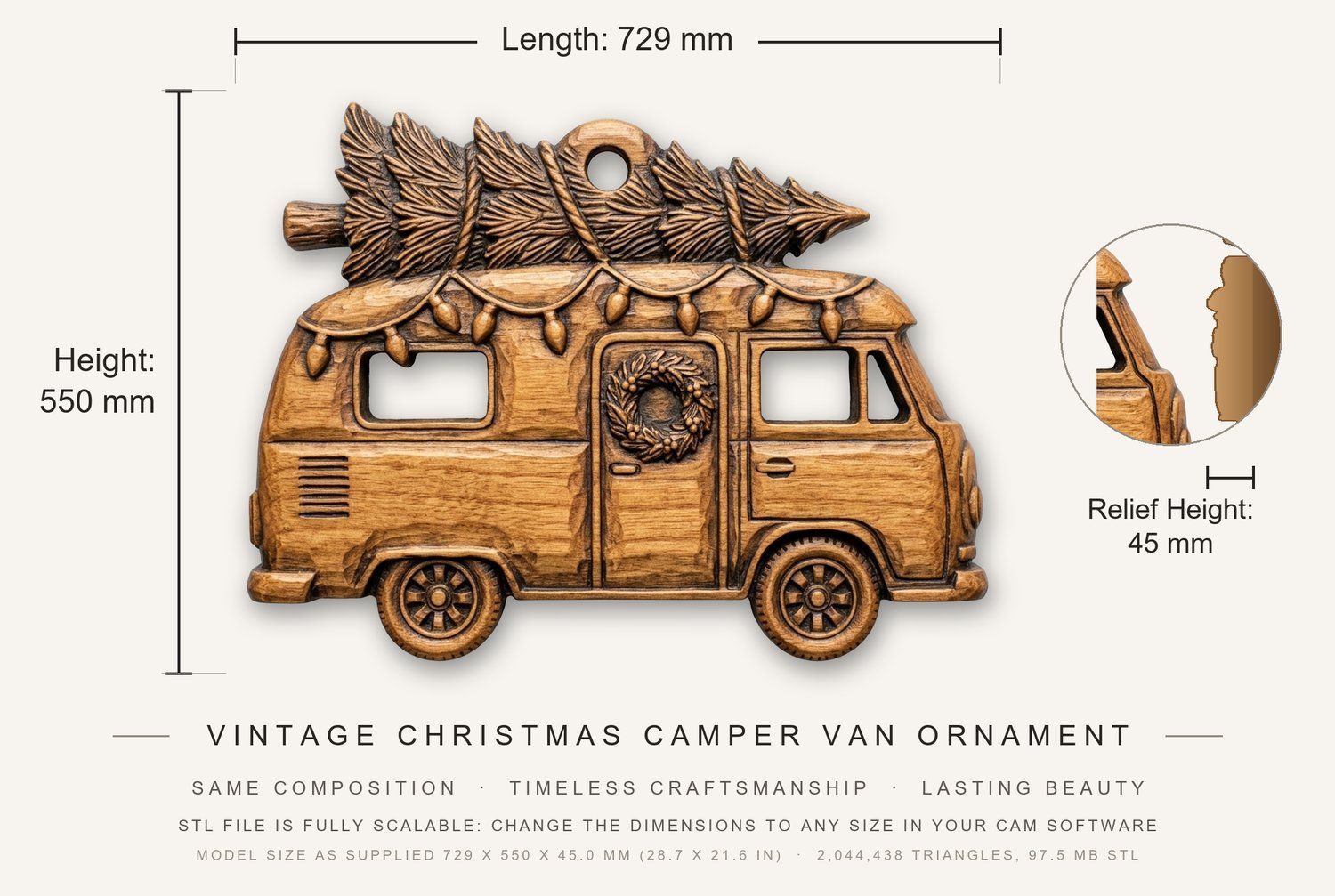 Vintage Christmas Camper Van Ornament CNC Relief STL bas-relief STL — view 3