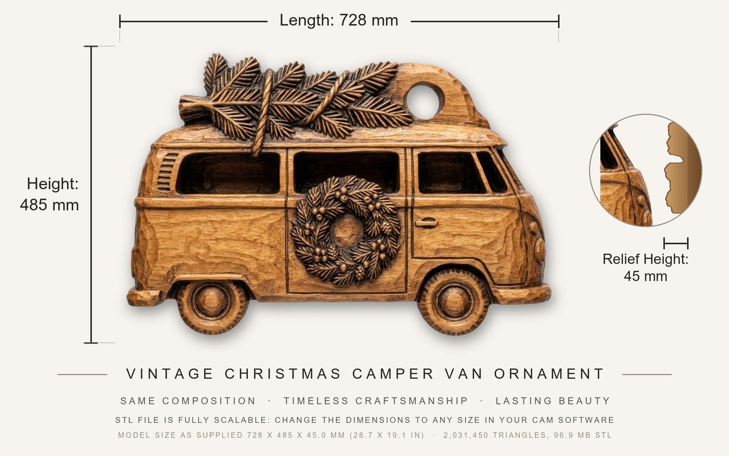 Vintage Christmas Camper Van Ornament CNC Relief STL bas-relief STL — view 3