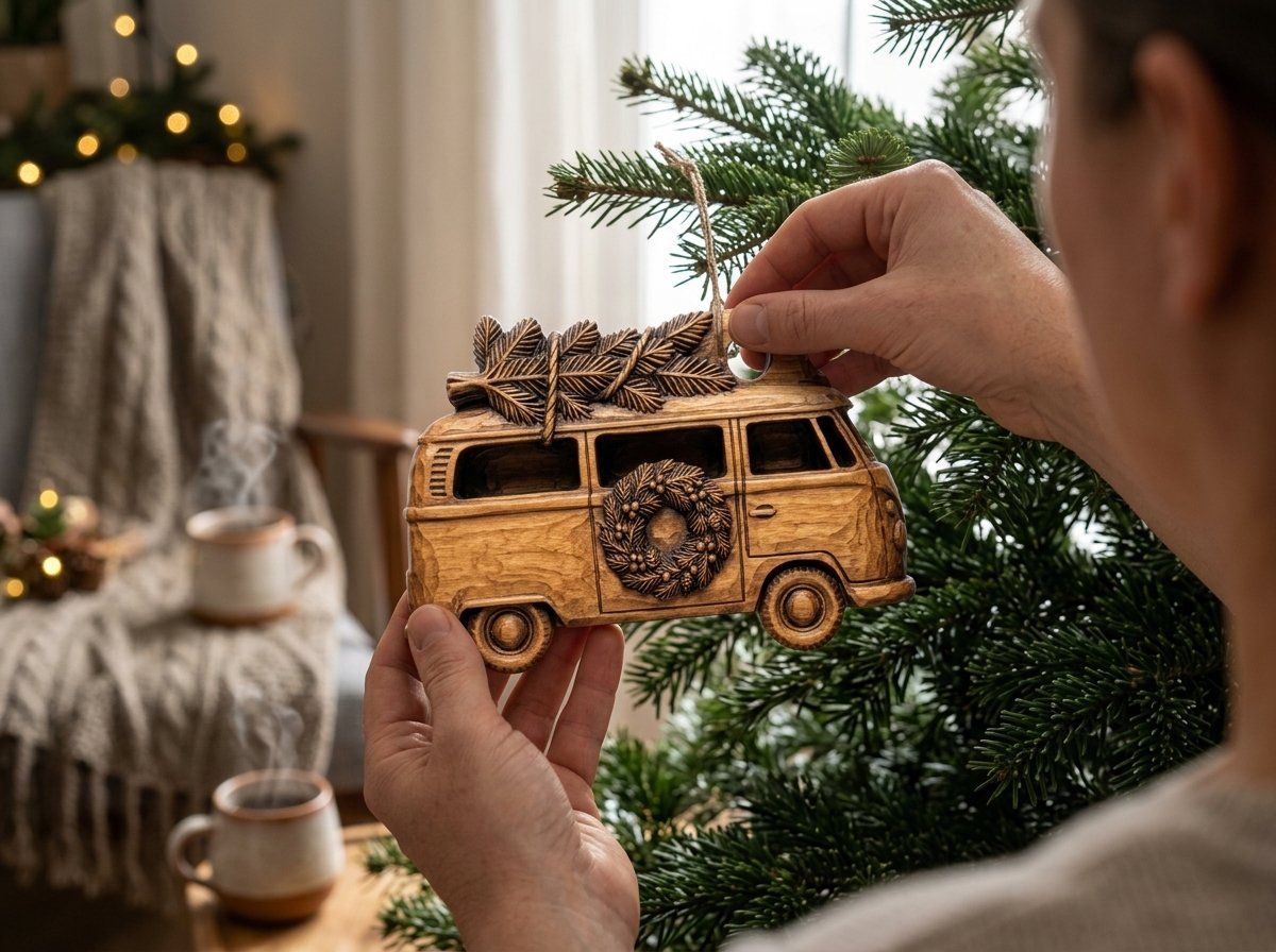 Vintage Christmas Camper Van Ornament CNC Relief STL | Holiday Wood Carving Design | Rustic Winter Tree Decor — carved bas relief STL file for CNC