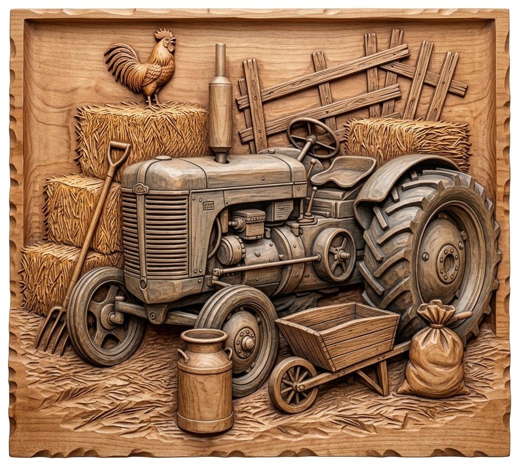 Vintage Farm Tractor Heritage Scene CNC Relief STL | Rustic Country Farmhouse Wall Art Panel | Antique Agriculture Decor — carved bas relief STL file for CNC