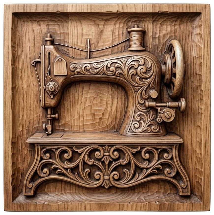 Vintage Sewing Machine Wood Panel CNC Relief STL | Ornate Antique Decor Design | Seamstress Gift Wall Art | Aspire VCarve — carved bas relief STL file for CNC