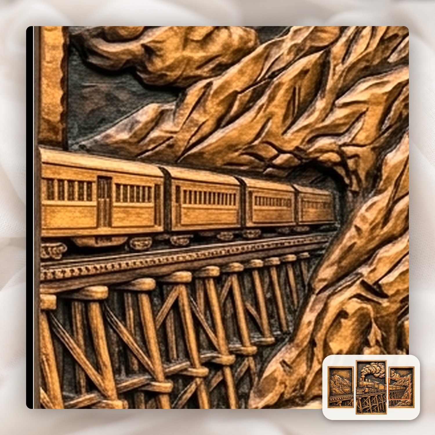 Vintage Steam Train Mountain Trestle Decor Panels 3 Stepped Vertical CNC Relief STL bas-relief STL — view 11