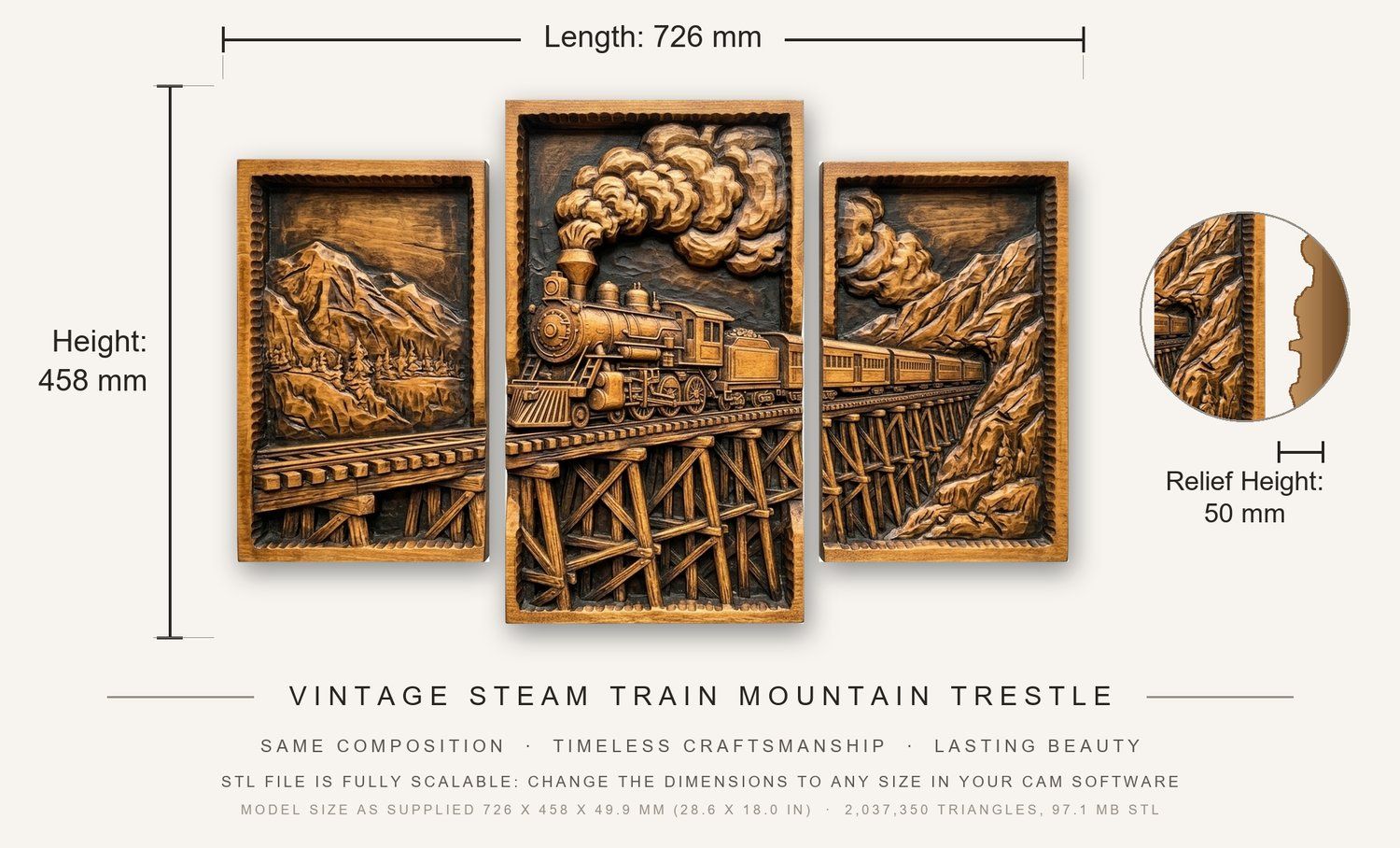 Vintage Steam Train Mountain Trestle Decor Panels 3 Stepped Vertical CNC Relief STL bas-relief STL — view 3