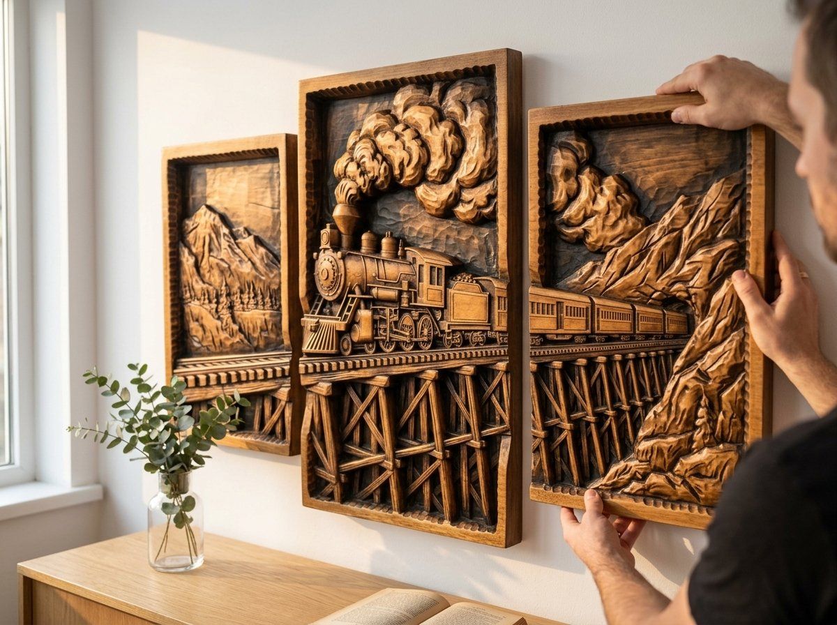Vintage Steam Train Mountain Trestle Decor Panels 3 Stepped Vertical CNC Relief STL bas-relief STL — view 12