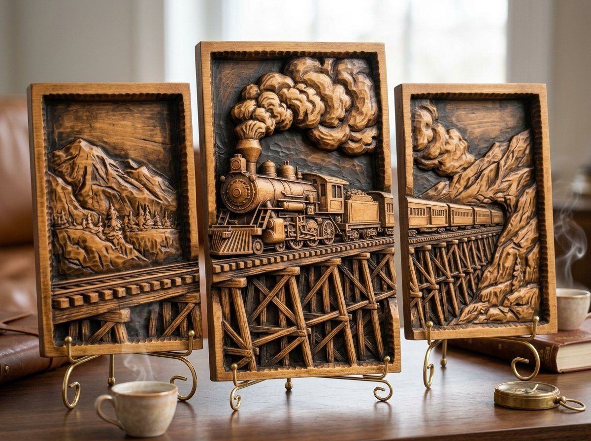 Vintage Steam Train Mountain Trestle Decor Panels 3 Stepped Vertical CNC Relief STL bas-relief STL — view 13