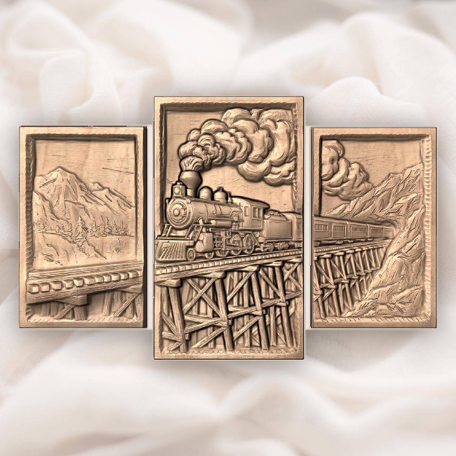Vintage Steam Train Mountain Trestle Decor Panels 3 Stepped Vertical CNC Relief STL bas-relief STL — view 4